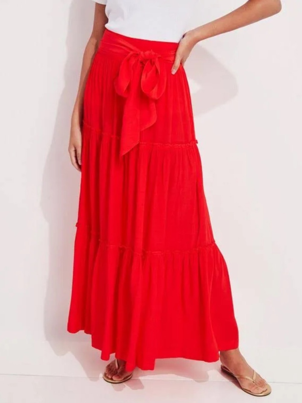 NWT Vineyard Vines Red Tiered Maxi Skirt Tie Waist Size 2 Summer Boho